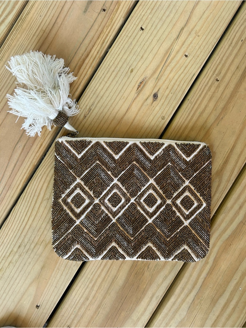 Universal Thread Beaded Geometric Zip Clutch – Brown & Cream